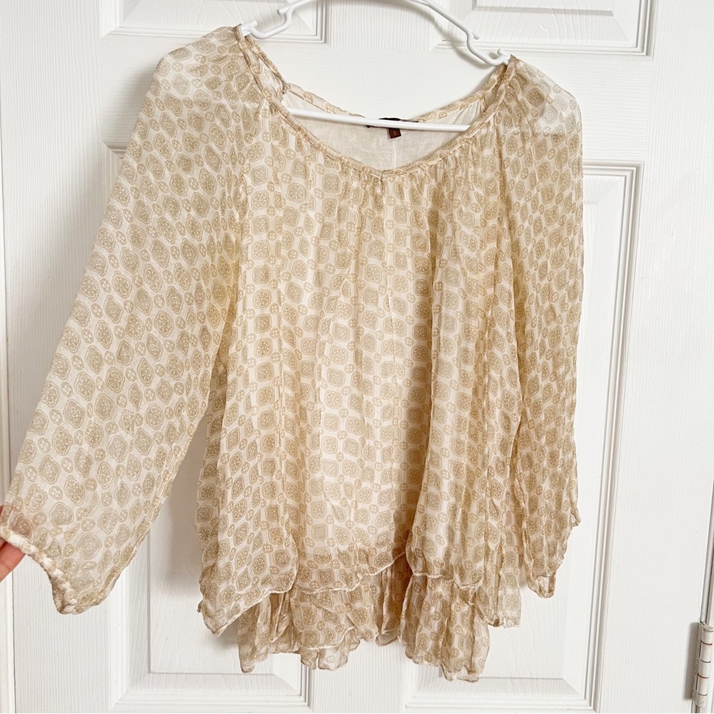 Piazza Roma | Tan Printed 3/4 Sleeve Silk Layered Blouse